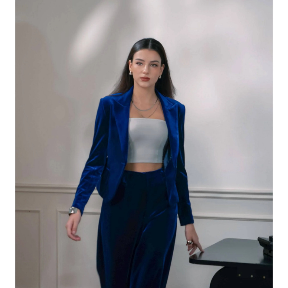 Atelier De La Hang Cropped Blue Velvet Blazer S NWT - Picture 6 of 7